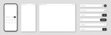 Akıllı telefon, boş internet tarayıcı penceresi ve çeşitli arama çubuğu şablonları. Arama kutusu, adres çubuğu ve metin alanı olan web sitesi motoru. UI tasarımı, web sitesi arayüzü elemanları. Vektör illüstrasyonu.