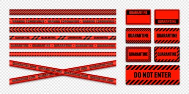 Various quarantine zone warning tapes and shields. Novel coronavirus outbreak. Global lockdown. Coronavirus danger stripe. Police caution line, restricted area. Construction tape. Vector illustration. clipart