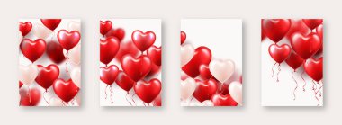 Kırmızı kalp balonlu sevgililer günü afişleri. Düğün davetiyesi şablonu, aşk geçmişi. Anneler Günü tebrik kartları. Güzel romantik afiş. Vektör illüstrasyonu.