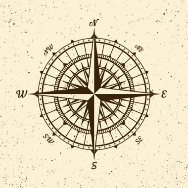 Klasik deniz rüzgârı yükseldi, deniz haritası. Kuzey, Doğu, Güney, Batı 'nın başlıca yönlerini gösteren tek renkli seyir pusulası. Coğrafi konum, haritacılık ve navigasyon. Vektör illüstrasyonu