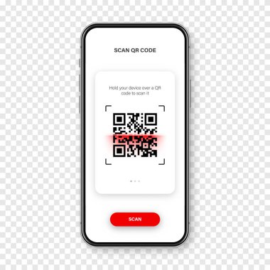 QR kod tarayıcı, akıllı telefon için okuyucu uygulaması. Kimlik takip kodu. Seri numarası, dijital bilgili ürün kimliği. Mağaza, süpermarket tarama etiketleri, fiyat etiketleri. Vektör illüstrasyonu