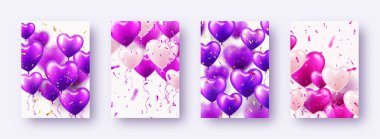 Menekşe kalp balonlu sevgililer günü pankartları. Düğün davetiyesi şablonu, aşk geçmişi. Anneler Günü tebrik kartları. Güzel romantik afiş. Vektör illüstrasyonu.