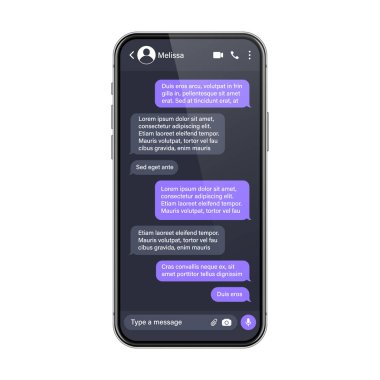 Mesajlaşma uygulaması olan gerçekçi bir akıllı telefon. SMS metin çerçevesi. Menekşe mesaj baloncukları ve yer tutucu metin ile sohbet ekranı. Sosyal medya uygulaması. Vektör illüstrasyonu
