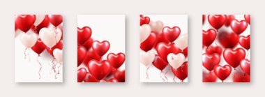 Kırmızı kalp balonlu sevgililer günü afişleri. Düğün davetiyesi şablonu, aşk geçmişi. Anneler Günü tebrik kartları. Güzel romantik afiş. Vektör illüstrasyonu.