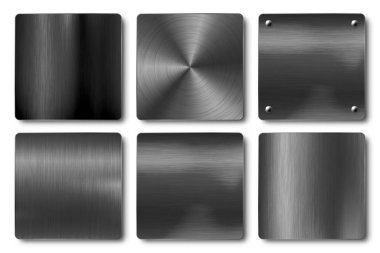 Various realistic black metal banners collection. Brushed steel or aluminium plate, panel with screws. Polished metal surface. Old grunge texture with scratches. Vector illustration.