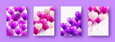 Menekşe kalp balonlu sevgililer günü pankartları. Düğün davetiyesi şablonu, aşk geçmişi. Anneler Günü tebrik kartları. Güzel romantik afiş. Vektör illüstrasyonu.