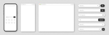 Akıllı telefon, boş internet tarayıcı penceresi ve çeşitli arama çubuğu şablonları. Arama kutusu, adres çubuğu ve metin alanı olan web sitesi motoru. UI tasarımı, web sitesi arayüzü elemanları. Vektör illüstrasyonu.