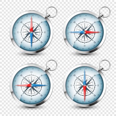 Gerçekçi gümüş rengi pusula, deniz rüzgarı yükseldi ve Kuzey, Doğu, Güney, Batı 'nın ana yönleri belirlendi. Parlak metal seyir pusulası. Harita ve navigasyon. Vektör illüstrasyonu