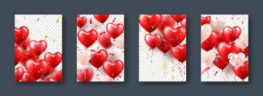 Kırmızı kalp balonlu sevgililer günü afişleri. Düğün davetiyesi şablonu, aşk geçmişi. Anneler Günü tebrik kartları. Güzel romantik afiş. Vektör illüstrasyonu.