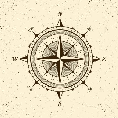 Klasik deniz rüzgârı yükseldi, deniz haritası. Kuzey, Doğu, Güney, Batı 'nın başlıca yönlerini gösteren tek renkli seyir pusulası. Coğrafi konum, haritacılık ve navigasyon. Vektör illüstrasyonu