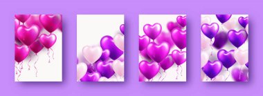 Menekşe kalp balonlu sevgililer günü pankartları. Düğün davetiyesi şablonu, aşk geçmişi. Anneler Günü tebrik kartları. Güzel romantik afiş. Vektör illüstrasyonu.