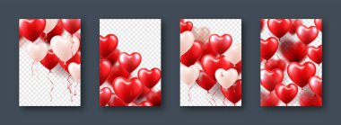 Kırmızı kalp balonlu sevgililer günü afişleri. Düğün davetiyesi şablonu, aşk geçmişi. Anneler Günü tebrik kartları. Güzel romantik afiş. Vektör illüstrasyonu.
