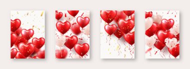 Kırmızı kalp balonlu sevgililer günü afişleri. Düğün davetiyesi şablonu, aşk geçmişi. Anneler Günü tebrik kartları. Güzel romantik afiş. Vektör illüstrasyonu.
