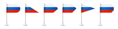 Krom çelik bir direkte gerçekçi Rus masa bayrakları. Rusya 'dan bir hatıra. Kağıttan ya da kumaştan yapılmış bayrak, parlak metal standı. Promosyon ve reklam için bir model. Vektör illüstrasyonu.