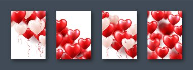 Kırmızı kalp balonlu sevgililer günü afişleri. Düğün davetiyesi şablonu, aşk geçmişi. Anneler Günü tebrik kartları. Güzel romantik afiş. Vektör illüstrasyonu.