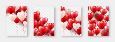 Kırmızı kalp balonlu sevgililer günü afişleri. Düğün davetiyesi şablonu, aşk geçmişi. Anneler Günü tebrik kartları. Güzel romantik afiş. Vektör illüstrasyonu.