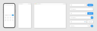 Akıllı telefon, boş internet tarayıcı penceresi ve çeşitli arama çubuğu şablonları. Arama kutusu, adres çubuğu ve metin alanı olan web sitesi motoru. UI tasarımı, web sitesi arayüzü elemanları. Vektör illüstrasyonu.