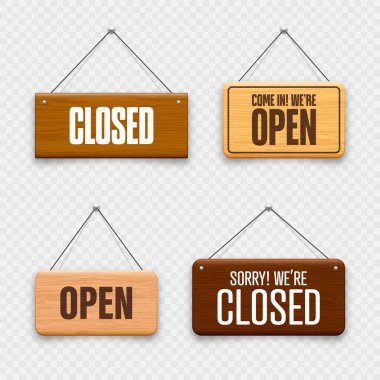 Tahta açık ya da kapalı tabeladır. Kafe, restoran, bar veya perakende mağazası için ahşap kapı tabelasından yapılmış. Duyuru pankartı, iş ya da hizmet için bilgi tabelası. Vektör illüstrasyonu.