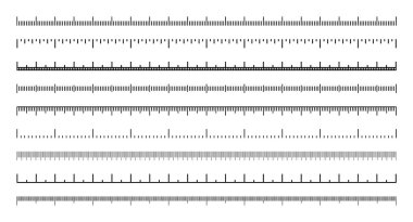 Bölünmüş farklı ölçeklerde. Uzunluğu, yüksekliği santimetre, milimetre ya da inç olarak ölçmek için gerçekçi ölçek. Cetvel, mezura işaretleri, boyut göstergeleri. Vektör illüstrasyonu.