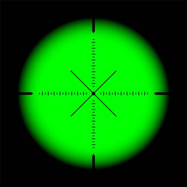 Gece görüşü, keskin nişancı tüfeği optik dürbünü. Çapraz görüşlü av tüfeği arayıcısı. Nişan al, nişan işareti sembolü. Askeri hedef işareti, siluet. Oyun arayüzü UI ögesi. Vektör illüstrasyonu.