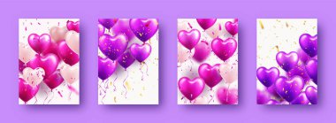 Menekşe kalp balonlu sevgililer günü pankartları. Düğün davetiyesi şablonu, aşk geçmişi. Anneler Günü tebrik kartları. Güzel romantik afiş. Vektör illüstrasyonu.