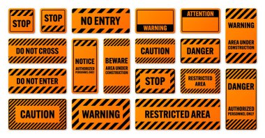 Çapraz çizgileri olan çeşitli siyah ve turuncu uyarı işaretleri. Dikkat, tehlike ya da uyarı işareti, inşaat alanı işareti. Gerçekçi uyarı panosu, uyarı panosu, yol kalkanı. Vektör illüstrasyonu.