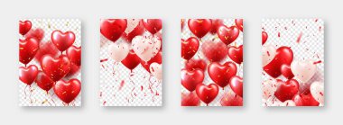 Kırmızı kalp balonlu sevgililer günü afişleri. Düğün davetiyesi şablonu, aşk geçmişi. Anneler Günü tebrik kartları. Güzel romantik afiş. Vektör illüstrasyonu.