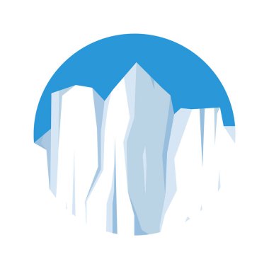 Yüzen buz dağları, sürüklenen kutup buzulları, donmuş okyanus suyu blokları. Karlı buzlu dağlar. Eriyen buz zirvesi. Antarktika karlı manzarası. Güney ve Kuzey Kutbu. Vektör illüstrasyonu.