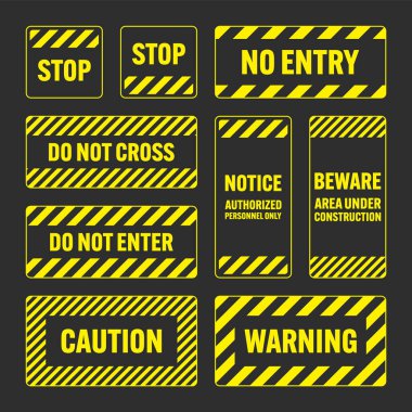 Various yellow warning signs with diagonal lines. Attention, danger or caution sign, construction site signage. Realistic notice signboard, warning banner, road shield. Vector illustration.