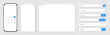 Akıllı telefon, boş internet tarayıcı penceresi ve çeşitli arama çubuğu şablonları. Arama kutusu, adres çubuğu ve metin alanı olan web sitesi motoru. UI tasarımı, web sitesi arayüzü elemanları. Vektör illüstrasyonu.