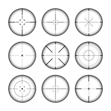 Çeşitli silah görüşleri, keskin nişancı tüfeği optik dürbünleri. Çapraz görüşlü av tüfeği arayıcısı. Nişan al, nişan işareti sembolü. Askeri hedef işareti, siluet. Oyun arayüzü UI ögesi. Vektör illüstrasyonu.