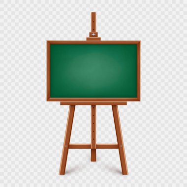 Ahşap sehpada gerçekçi yeşil karatahta. Tahta karatahta, tahta çerçevede, tripodun üzerinde. Sunum tahtası, yazı yüzeyi, yazı, çizim. Çevrimiçi çalışma, öğrenme modeli. Vektör illüstrasyonu.