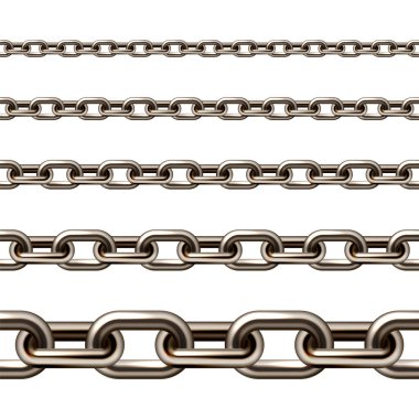 Beyaz arka planda eski paslı halkaları olan gerçekçi kahverengi metal zincir. Endüstriyel kullanım için ağır çelik zincir. Vektör illüstrasyonu.