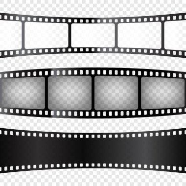 Eğri film şeritleri koleksiyonu. Eski bir film şeridi. Analog video kayıt ekipmanları. Vektör illüstrasyonu.