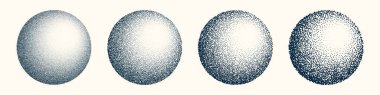 Round shaped dotted objects, vintage stipple elements. Fading gradient. Stippling, dotwork drawing, shading using dots. Halftone disintegration effect. White noise grainy texture. Vector illustration.