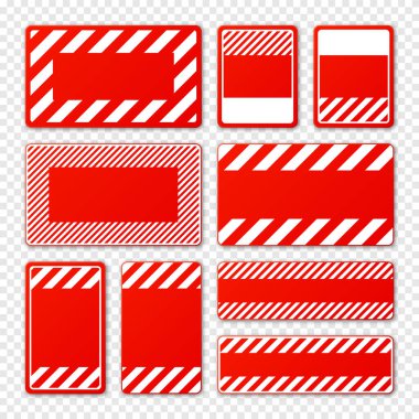 Çapraz çizgileri olan çeşitli boş kırmızı uyarı işaretleri. Dikkat, tehlike ya da uyarı işareti, inşaat alanı işareti. Gerçekçi uyarı panosu, uyarı panosu, yol kalkanı. Vektör illüstrasyonu.