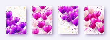 Menekşe kalp balonlu sevgililer günü pankartları. Düğün davetiyesi şablonu, aşk geçmişi. Anneler Günü tebrik kartları. Güzel romantik afiş. Vektör illüstrasyonu.