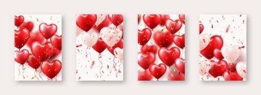 Kırmızı kalp balonlu sevgililer günü afişleri. Düğün davetiyesi şablonu, aşk geçmişi. Anneler Günü tebrik kartları. Güzel romantik afiş. Vektör illüstrasyonu.