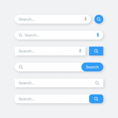 Various search bar templates. Internet browser engine with search box, address bar and text field. UI design, website interface element with web icons and push button. Vector illustration.