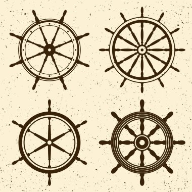 Grunge vintage direksiyon koleksiyonu. Gemi, yat retro tekerlek sembolü. Denizci dümeni simgesi. Deniz tasarım elemanı. Vektör illüstrasyonu.