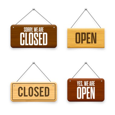 Tahta açık ya da kapalı tabeladır. Kafe, restoran, bar veya perakende mağazası için ahşap kapı tabelasından yapılmış. Duyuru pankartı, iş ya da hizmet için bilgi tabelası. Vektör illüstrasyonu.