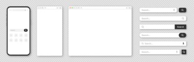 Akıllı telefon, boş internet tarayıcı penceresi ve çeşitli arama çubuğu şablonları. Arama kutusu, adres çubuğu ve metin alanı olan web sitesi motoru. UI tasarımı, web sitesi arayüzü elemanları. Vektör illüstrasyonu.