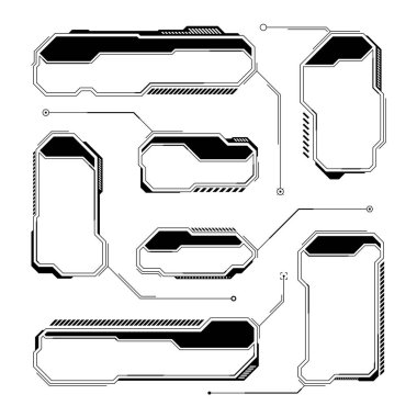 Siyah fütüristik HUD ya da UI elementleri. Bilim kurgu kullanıcı arayüzü mesaj kutuları, çağrılar. Uyarı ileti çerçeveleri, bilgi kutuları şablonu. Modern oyun arayüzü düzeni dijital stilde. Vektör illüstrasyonu.