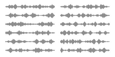 Sesli mesaj, posta. Sosyal medya sohbeti. Mesajlaşma uygulaması, müzik çalar, ses veya video düzenleyici arayüzü ögesi. Ses asistanı, kayıt cihazı. Ses dalgaları. Vektör illüstrasyonu.