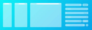 Çeşitli arama çubuğu şablonlarına sahip boş saydam internet tarayıcı penceresi. Arama kutusu, adres çubuğu ve metin alanı olan web sitesi motoru. UI tasarımı, web sitesi arayüzü elemanları. Vektör illüstrasyonu.