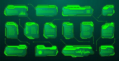 Yeşil fütüristik HUD, UI elementleri. Bilim kurgu kullanıcı arayüzü mesaj kutuları, çağrılar. Uyarı ileti çerçeveleri, bilgi kutuları şablonu. Modern oyun arayüzü düzeni dijital stilde. Vektör illüstrasyonu.