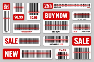 Set of product barcodes with red scanning line. Sale stickers, discount label or promotional badge. Serial number, product ID. Store or supermarket scan labels, price tag. Vector illustration.