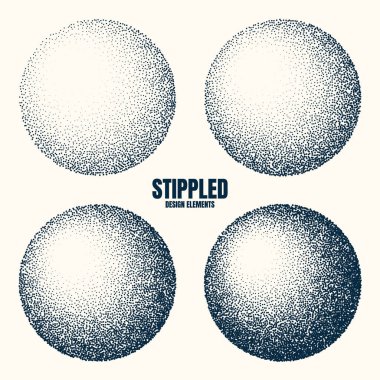 Round shaped dotted objects, vintage stipple elements. Fading gradient. Stippling, dotwork drawing, shading using dots. Halftone disintegration effect. White noise grainy texture. Vector illustration.