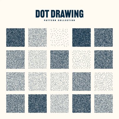 Square shaped dotted objects, vintage stipple elements. Stippling, dotwork drawing, shading using dots. Halftone effect. White noise grainy texture, pattern. Vector illustration.