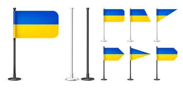 Realisztikus Különböző Ukrán Asztali Zászlók Egy Króm Acél Rúdon Szuvenír — Stock Vector